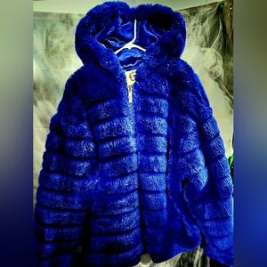 Rare Royal Blue Faux Fur Hooded Jacket VERY HIGH QUALITY MENS 2XL New